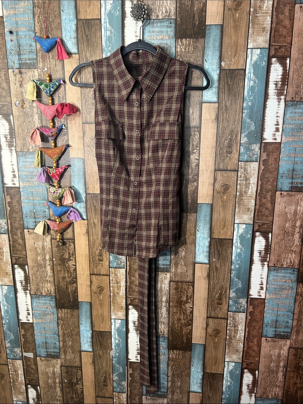 Sleeveless Plaid Button-Down Shirt in Burgundy and Olive with tie open back